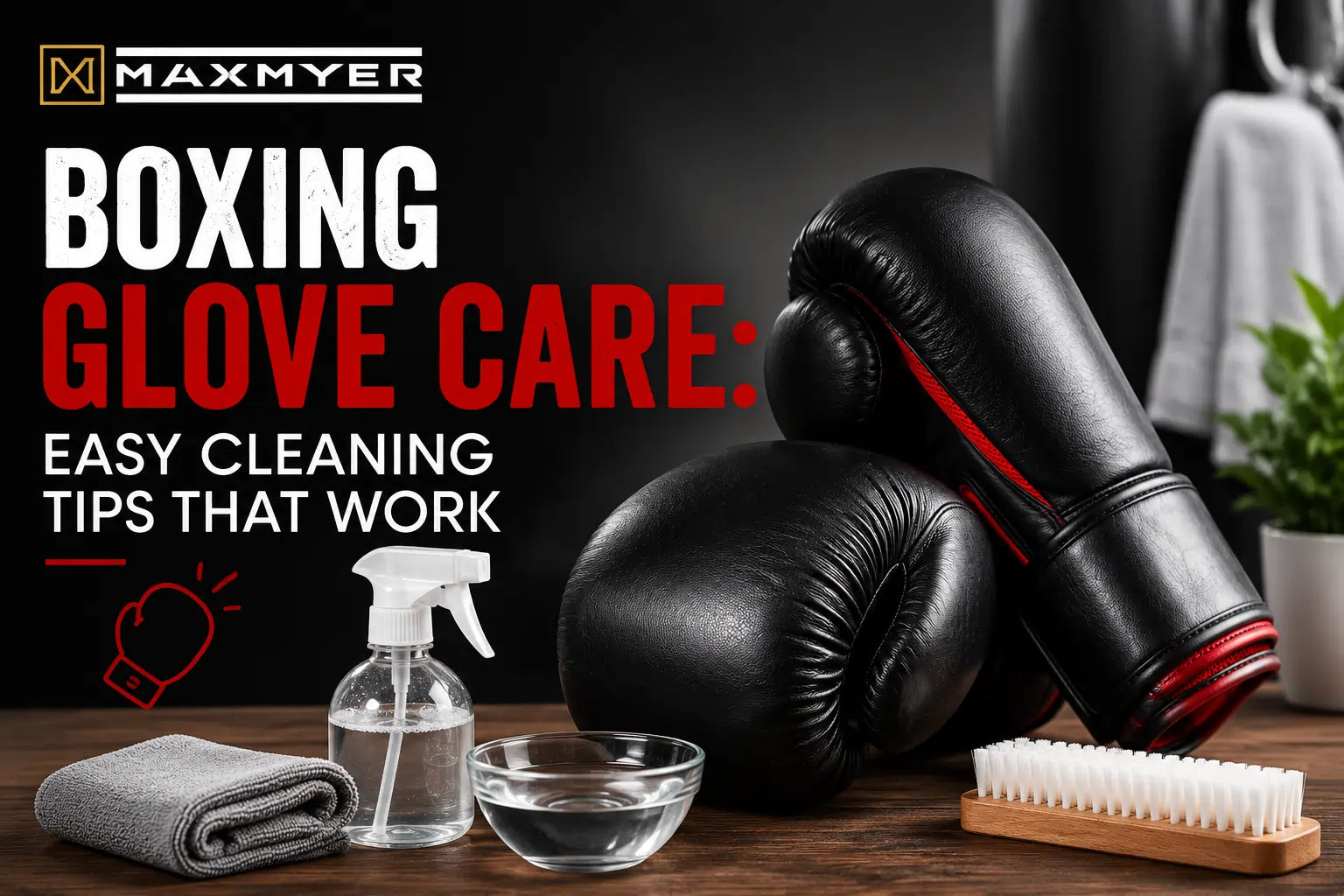 "Black boxing gloves with cleaning supplies including a spray bottle, microfiber cloth, water bowl, and brush beside the heading 'Boxing Glove Care: Easy Cleaning Tips That Work' with the MaxMyer logo on a dark gym-inspired background."