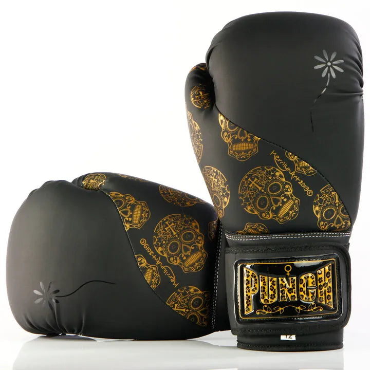 Punch Boxing Gloves - Urban™ Gold Skulls - 12Oz - Black