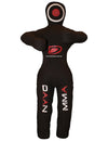 Black MMA training dummy with logos on a gray background