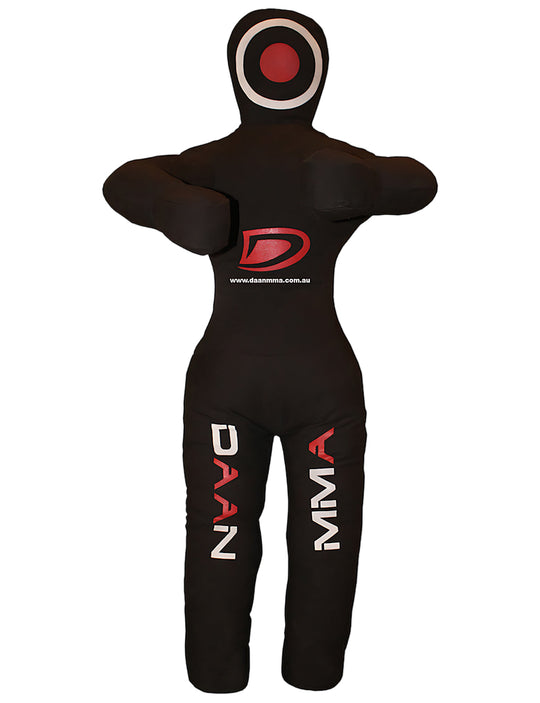 Black MMA training dummy with logos on a gray background