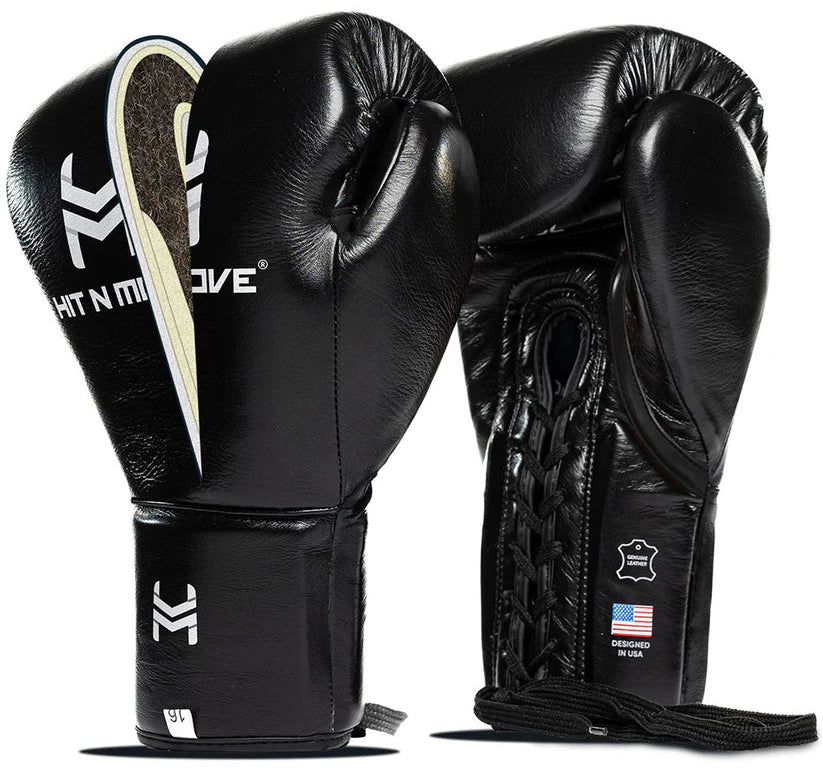 Hit N Move Horse Hair Suvari Boxing Gloves - Lace Up - Black