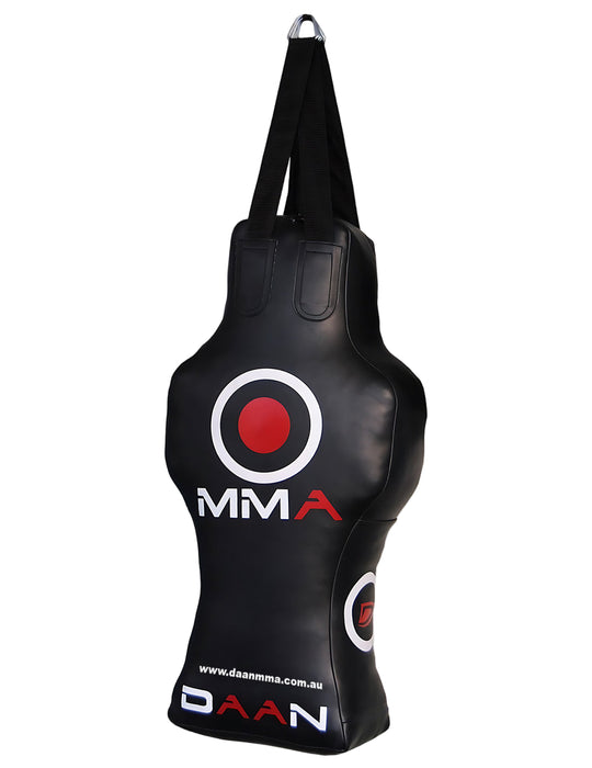 Black MMA training bag with red and white logo on a gray background