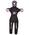 Black and pink MMA training dummy with visible branding on a gray background