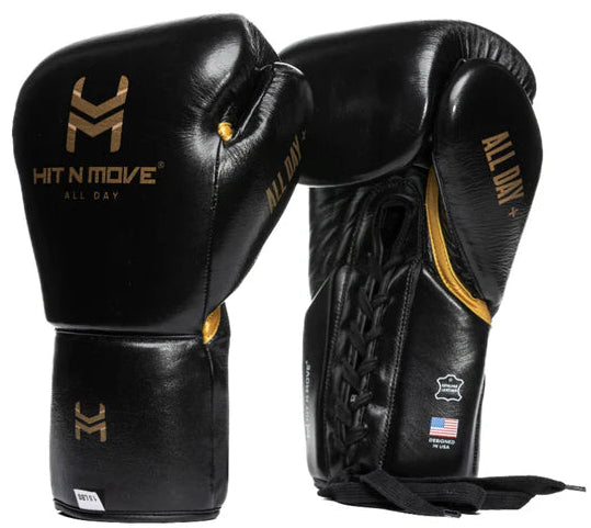Hit N Move - 1.5 lbs 24 Oz Conditioning Gloves Lace Up - Black/Gold