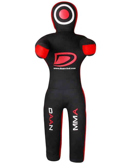 Black and red MMA training dummy with visible branding on a gray background