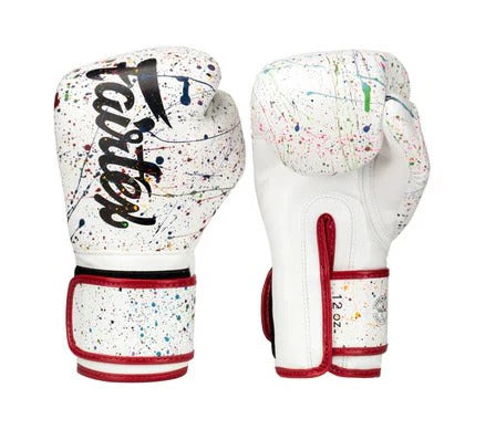 Fairtex White Painter Boxing Gloves with Red Piping