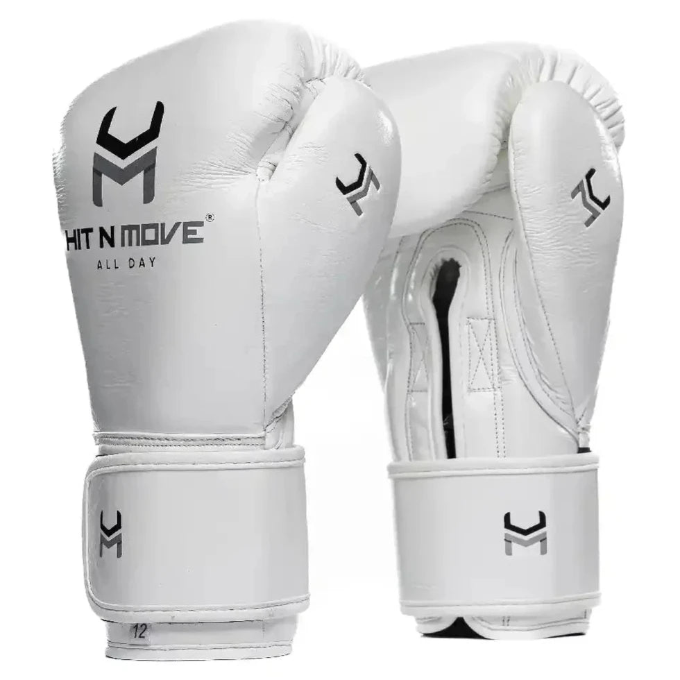 Hit N Move Pro Agility Boxing Gloves - Hook & Loop - All White