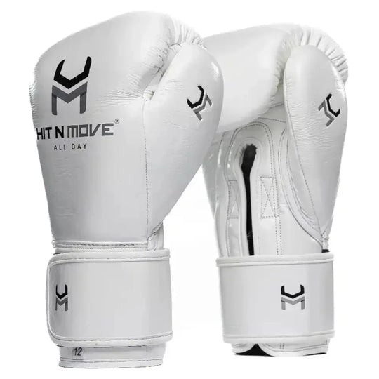 Hit N Move Pro Agility Boxing Gloves - Hook & Loop - All White