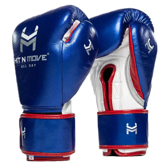 Hit N Move Pro Agility Boxing Gloves - Hook & Loop - Metallic Blue/White