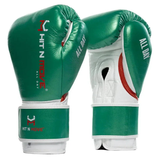 Green and white boxing gloves with brand logo on a white background