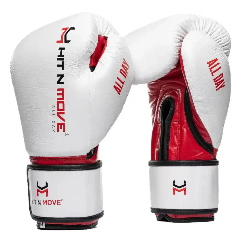 White boxing gloves with red accents and 'Hit N Move' branding on a white background