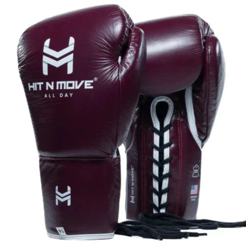 Hit N Move Pro Agility Boxing Gloves - Lace Up - Burgundy