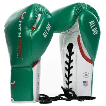 Green and white boxing gloves with 'All Day' branding on a white background