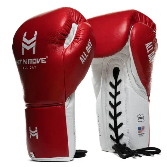 Hit N Move Pro Agility Boxing Gloves - Lace Up - Red/White