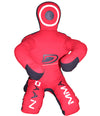 Red martial arts dummy with black accents on a gray background