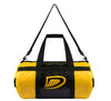 Yellow and black duffel bag with a logo on a gray background