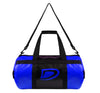 Blue duffel bag with black accents on a gray background