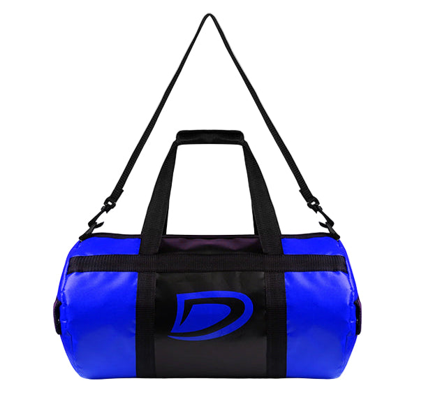 Blue duffel bag with black accents on a gray background
