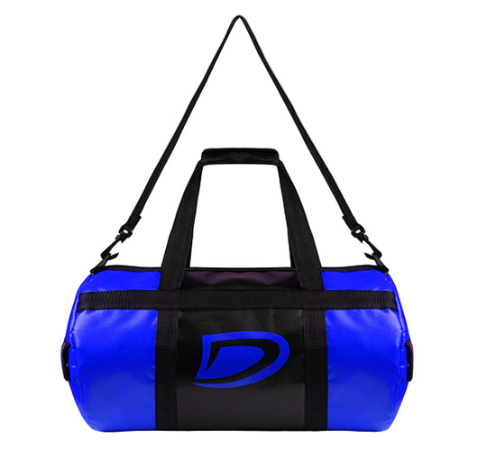 Blue duffel bag with black accents on a gray background
