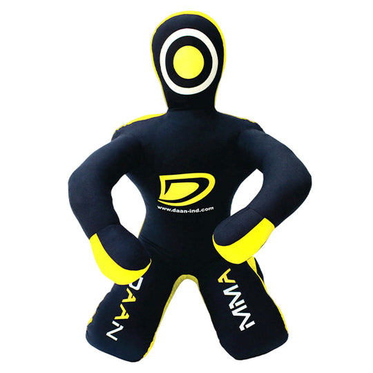 Black and yellow wrestling Dummy with brand logo on a gray background