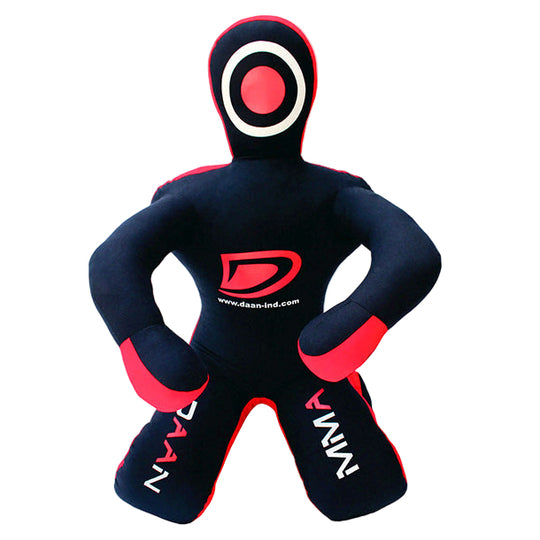 Black and red mma dummy with a logo on a gray background