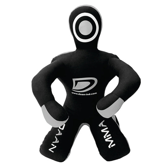 Black and gray training dummy with a logo on a light gray background