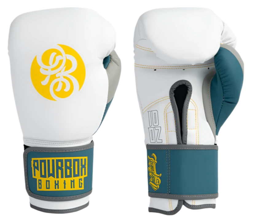 Powrbox Undefeated Velcro Gloves - Dubs - Matte White/Yellow/Pale Blue