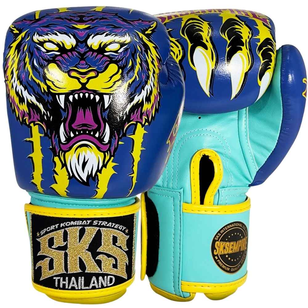 SKS UV Tiger Muay Thai Gloves - Blue/Yellow/Purple
