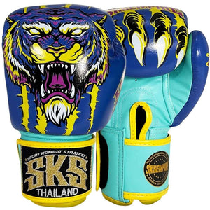 SKS UV Tiger Muay Thai Gloves - Blue/Yellow/Purple