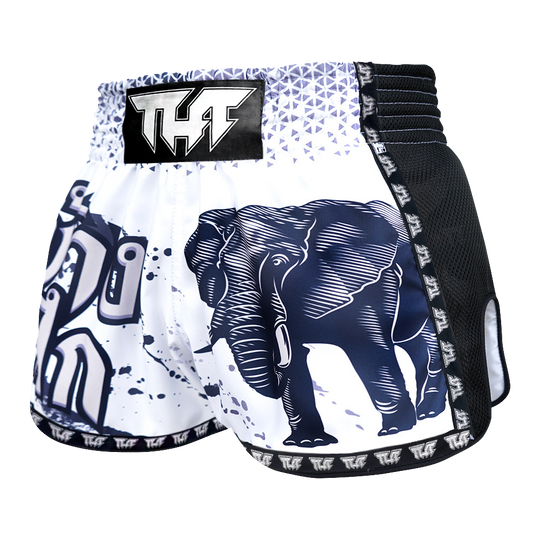 Tuff White War Elephant Retro Muay Thai Shorts