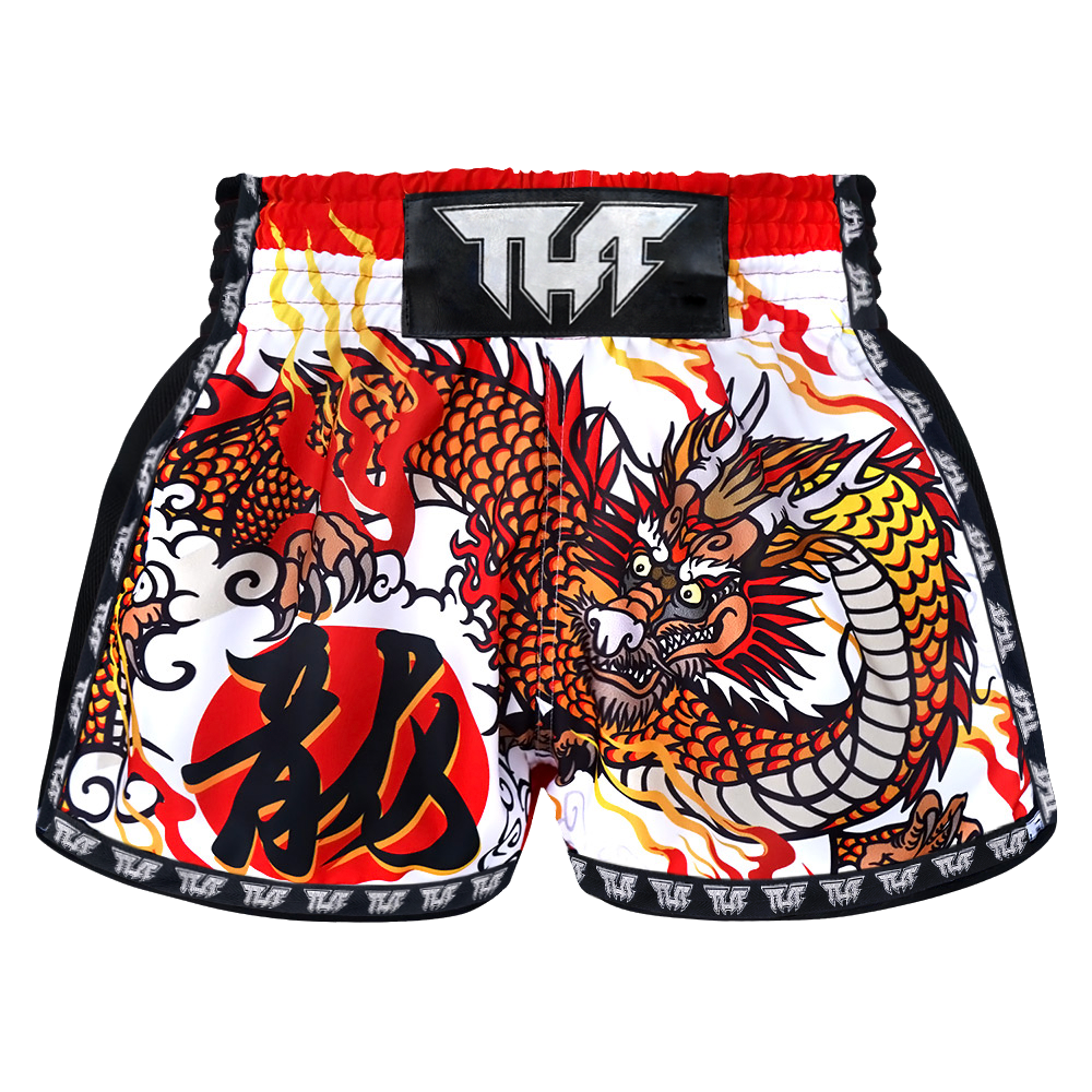 Tuff White Chinese Dragon Retro Muay Thai Shorts