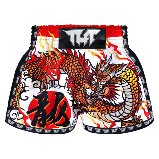 Tuff White Chinese Dragon Retro Muay Thai Shorts