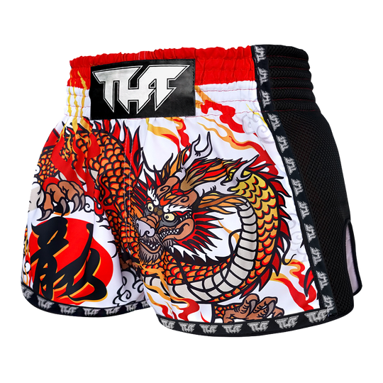 Tuff White Chinese Dragon Retro Muay Thai Shorts