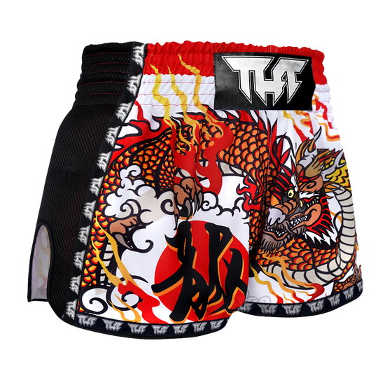 Tuff White Chinese Dragon Retro Muay Thai Shorts