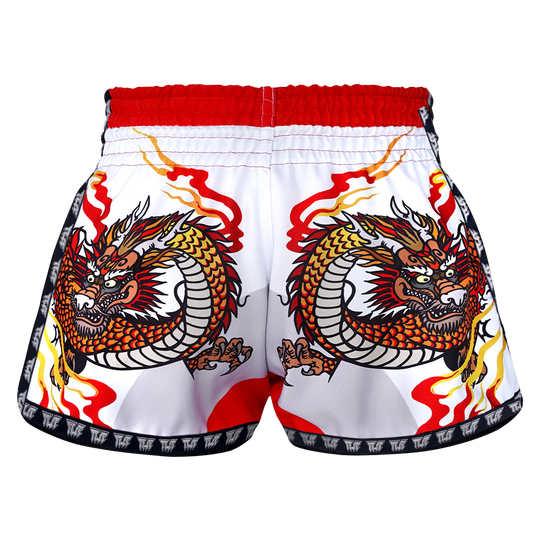 Tuff White Chinese Dragon Retro Muay Thai Shorts