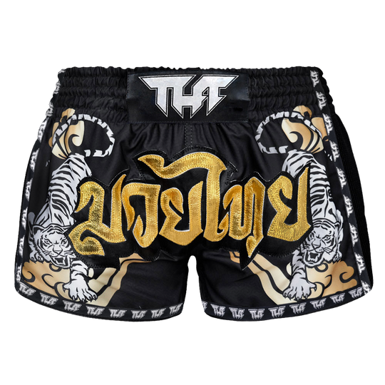 Tuff Black Double Tiger Retro Muay Thai Shorts