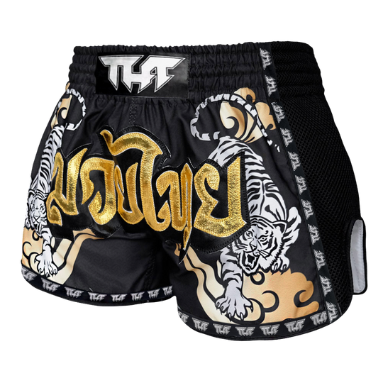 Tuff Black Double Tiger Retro Muay Thai Shorts