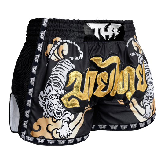 Tuff Black Double Tiger Retro Muay Thai Shorts