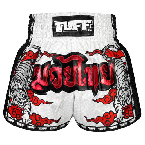 Tuff White Double Tiger Retro Muay Thai Shorts