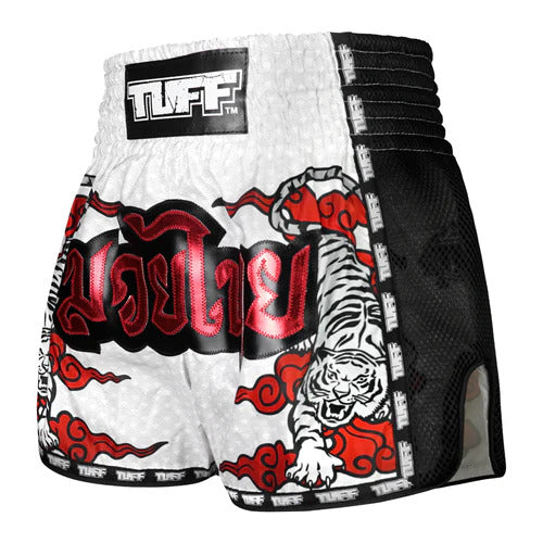 Tuff White Double Tiger Retro Muay Thai Shorts