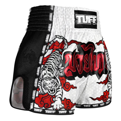 Tuff White Double Tiger Retro Muay Thai Shorts