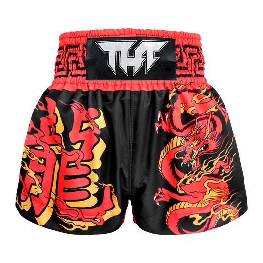 Tuff Black with Red Chinese Dragon Thai Boxing Shorts