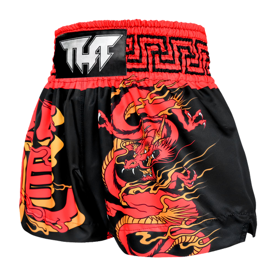 Tuff Black with Red Chinese Dragon Thai Boxing Shorts