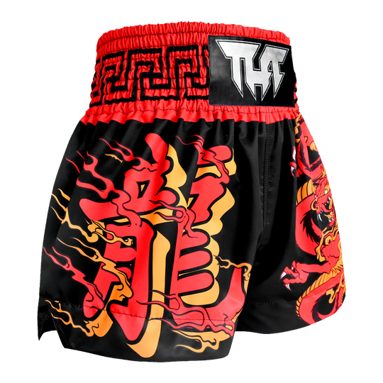 Tuff Black with Red Chinese Dragon Thai Boxing Shorts