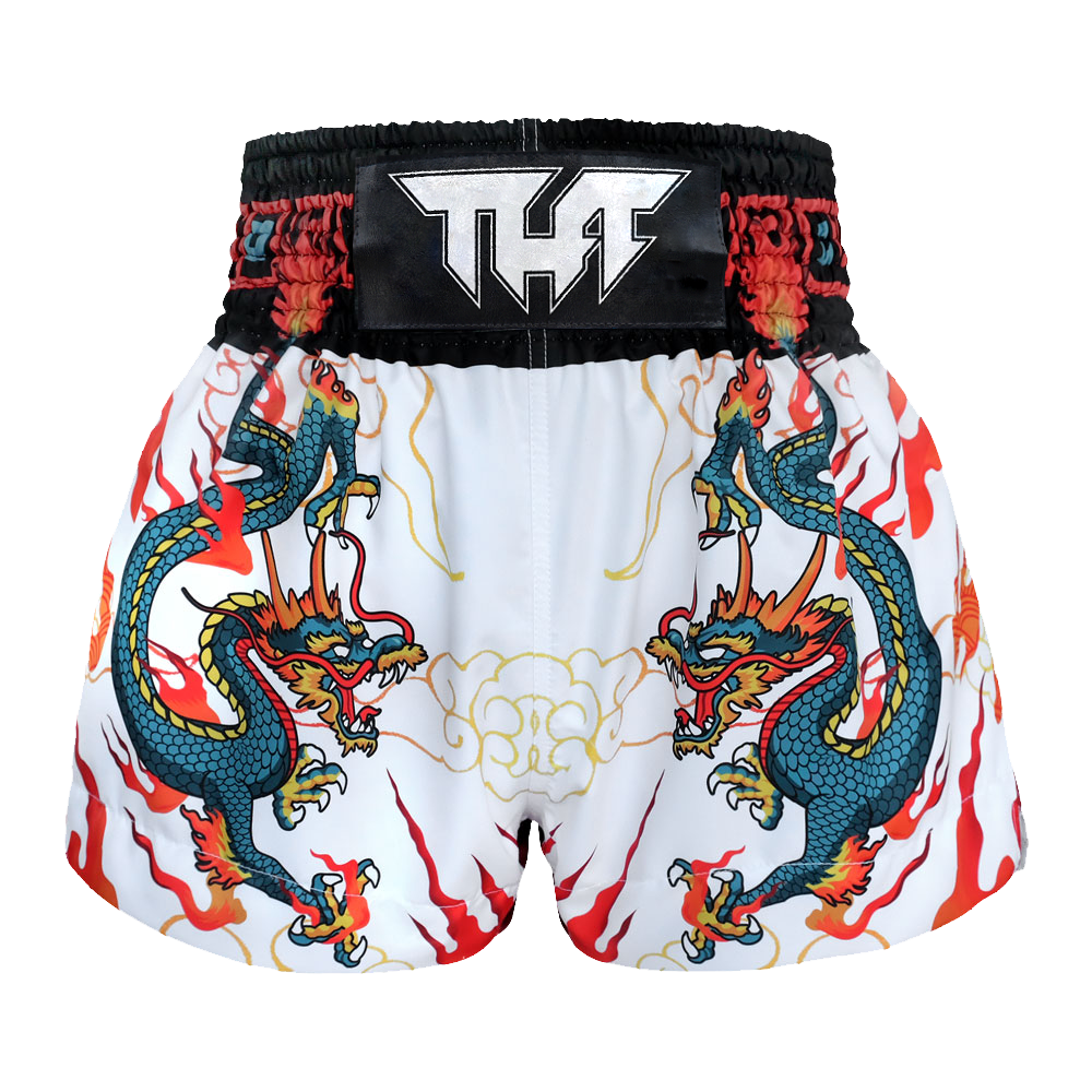 Tuff White with Blue Chinese Dragon Thai Boxing Shorts