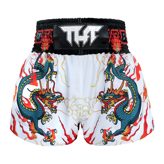 Tuff White with Blue Chinese Dragon Thai Boxing Shorts