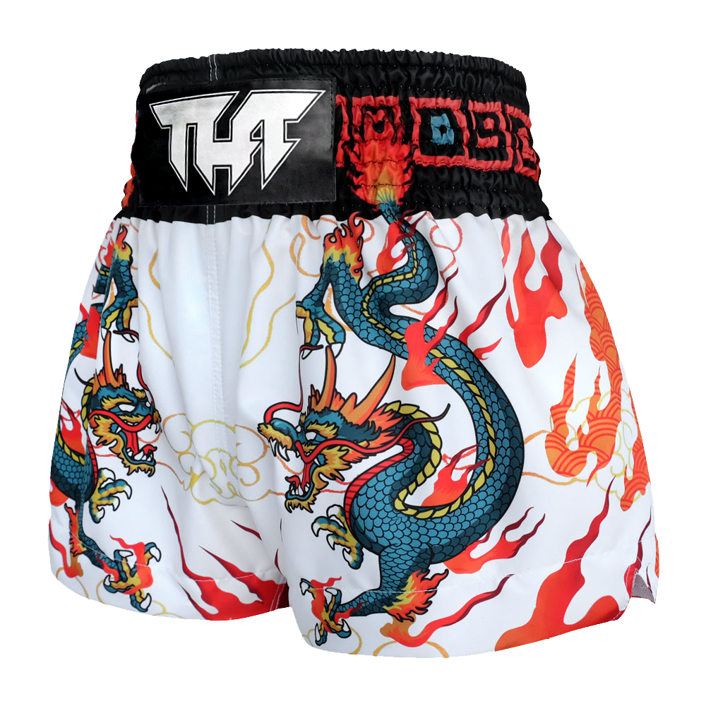Tuff White With Blue Chinese Dragon Thai Boxing Shorts