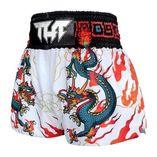 Tuff White with Blue Chinese Dragon Thai Boxing Shorts