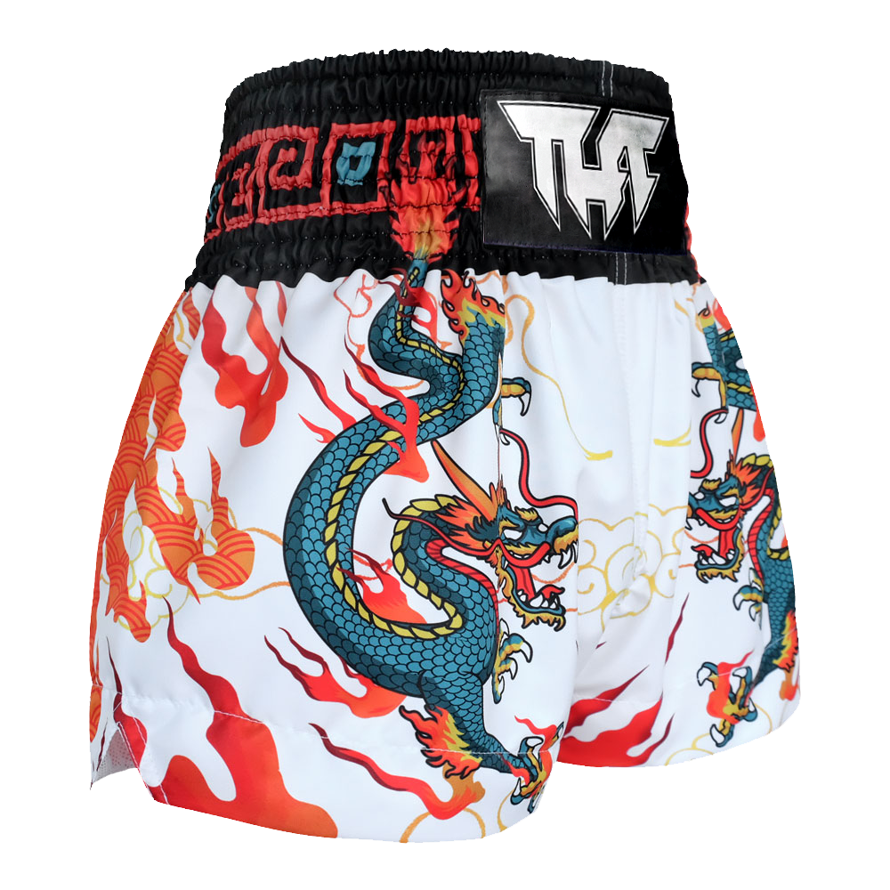 Tuff White With Blue Chinese Dragon Thai Boxing Shorts