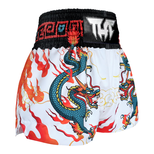 Tuff White with Blue Chinese Dragon Thai Boxing Shorts